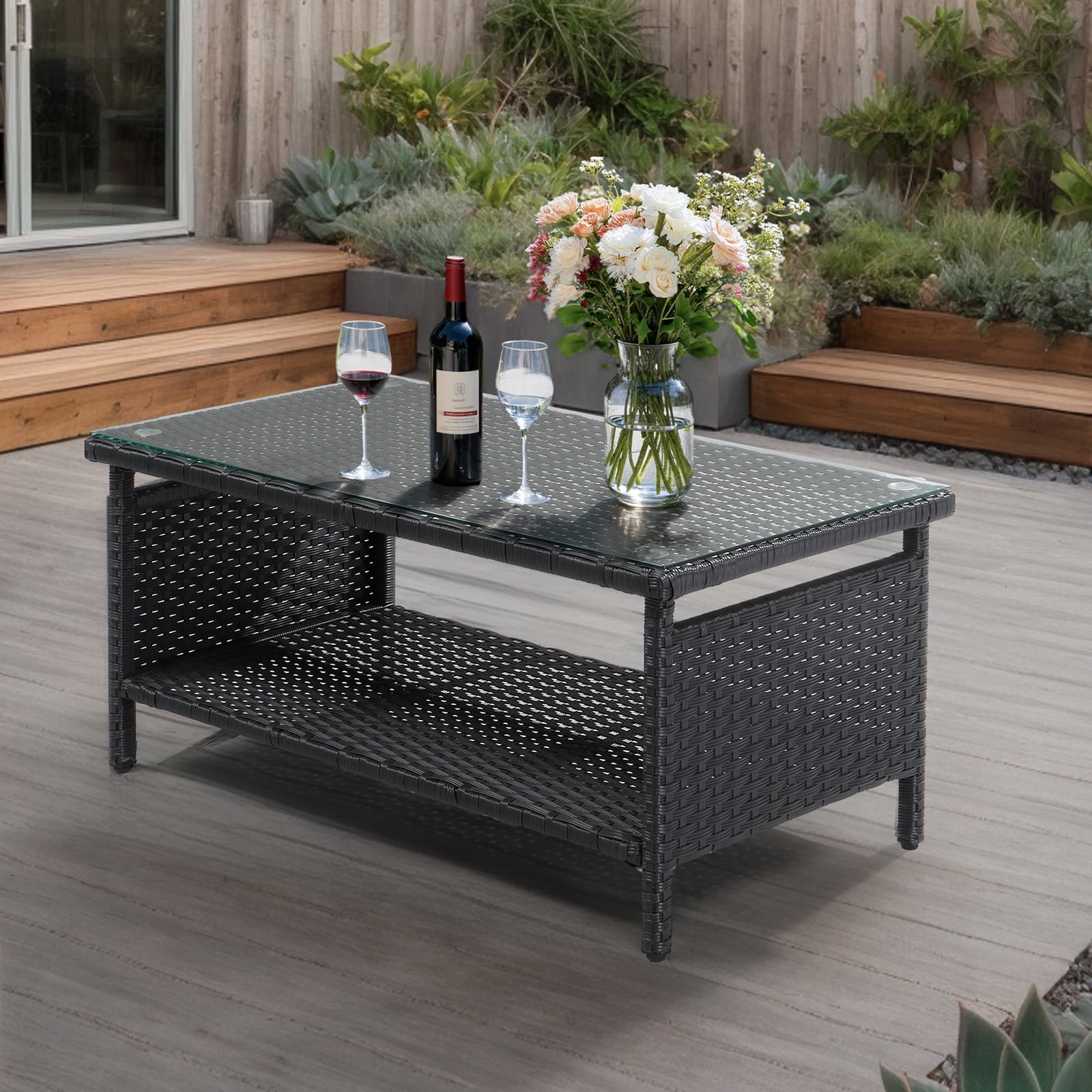 Ktaxon X-Large Outdoor Wicker Coffee Table with Tempered Glass Top and Storage, Black