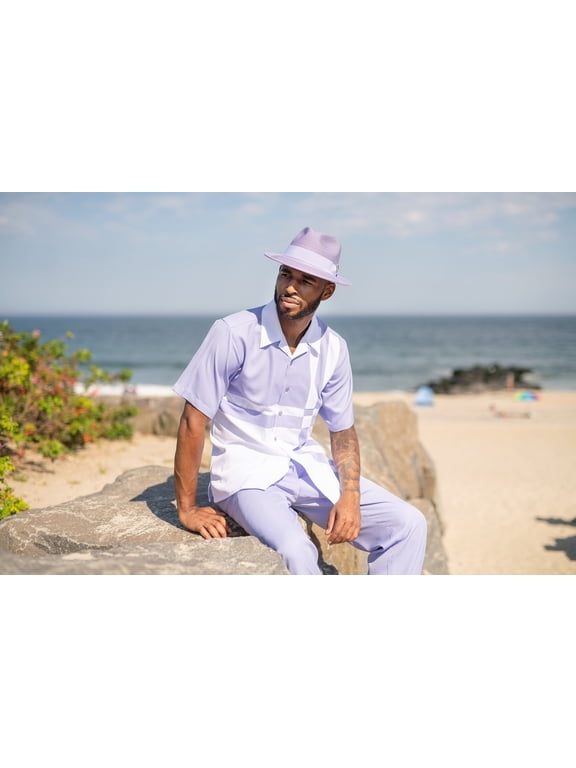 Men's 2 Piece Short Sleeve Walking Suit Contrast Striped Pattern in Lavender - 2078