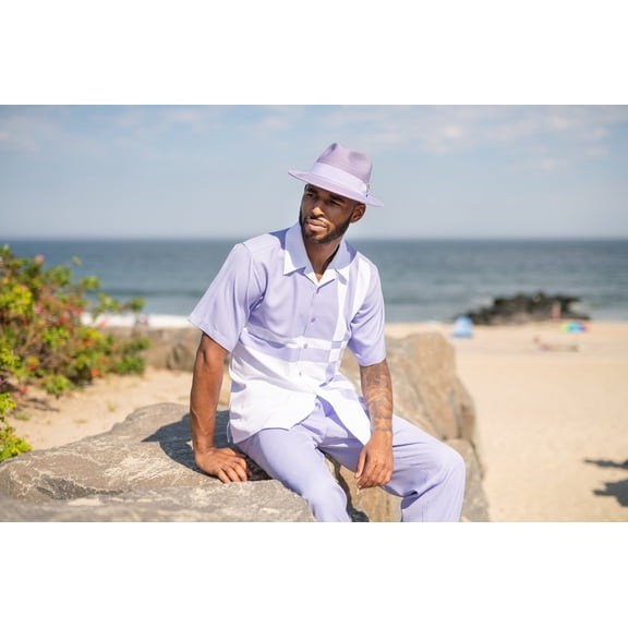 Men's 2 Piece Short Sleeve Walking Suit Contrast Striped Pattern in Lavender - 2078