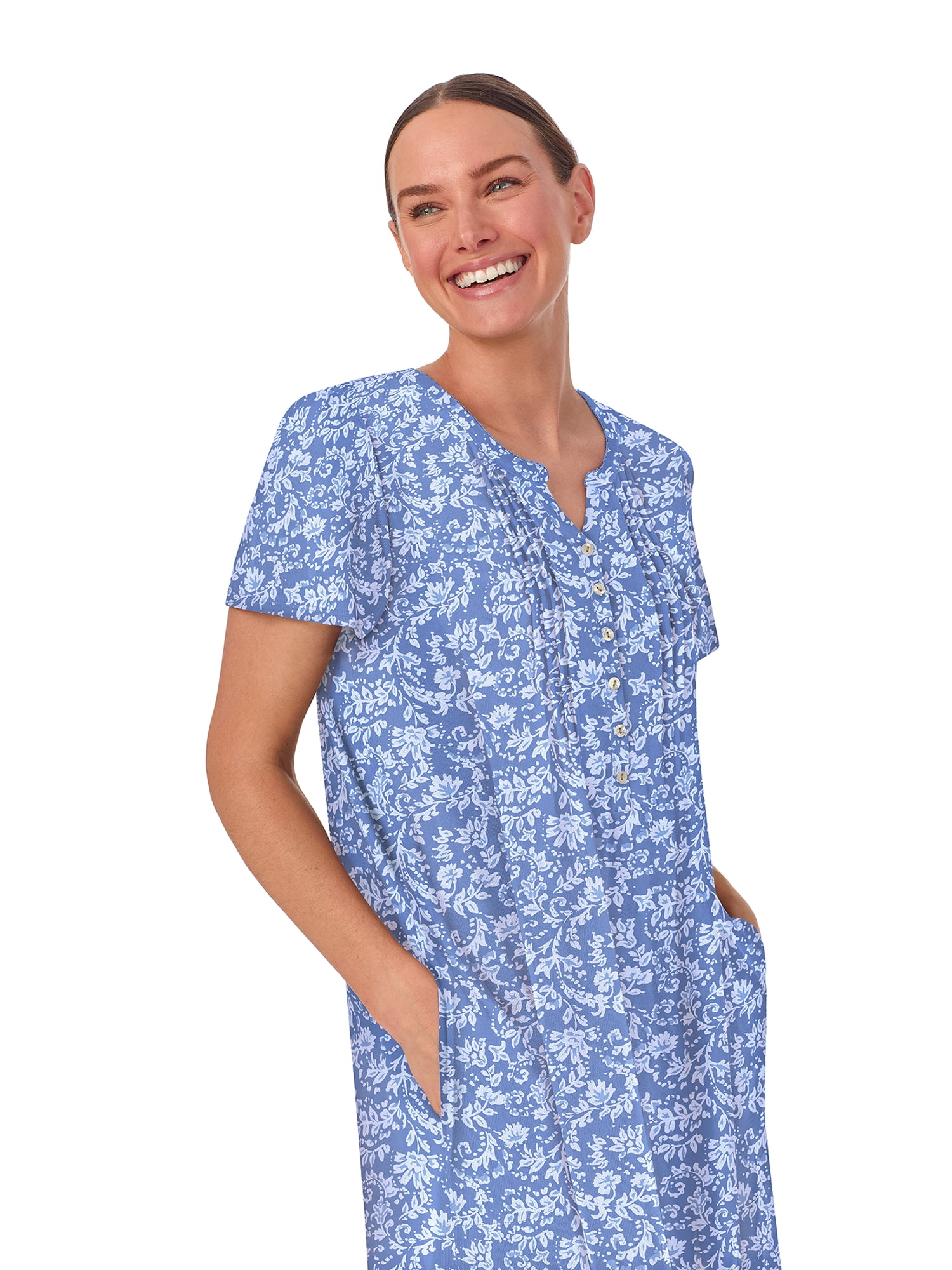 Aria Women’s Short Sleeve Split Neck Sweater Knit Nightgown, Sizes XS-5X