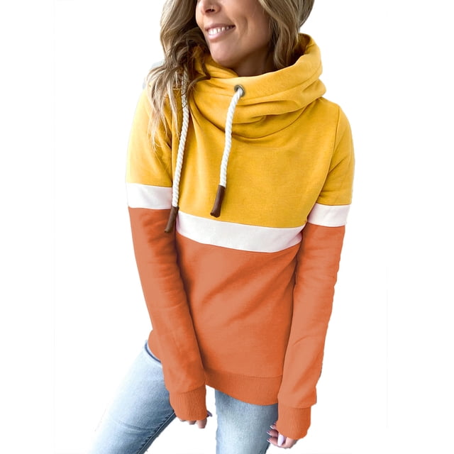 Pompotops Femmes Casual Patchwork Pull Tulleck Hoodies Manches Longues Cordon à Capuche Tops Sweatshirt