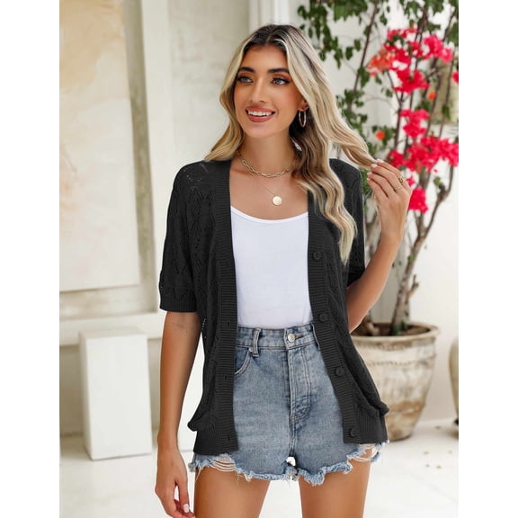 Zeagoo Women's Short Sleeve 2025 Summer Crochet Cropped Cardigan V Neck Button up Bolero Shrug Sweater