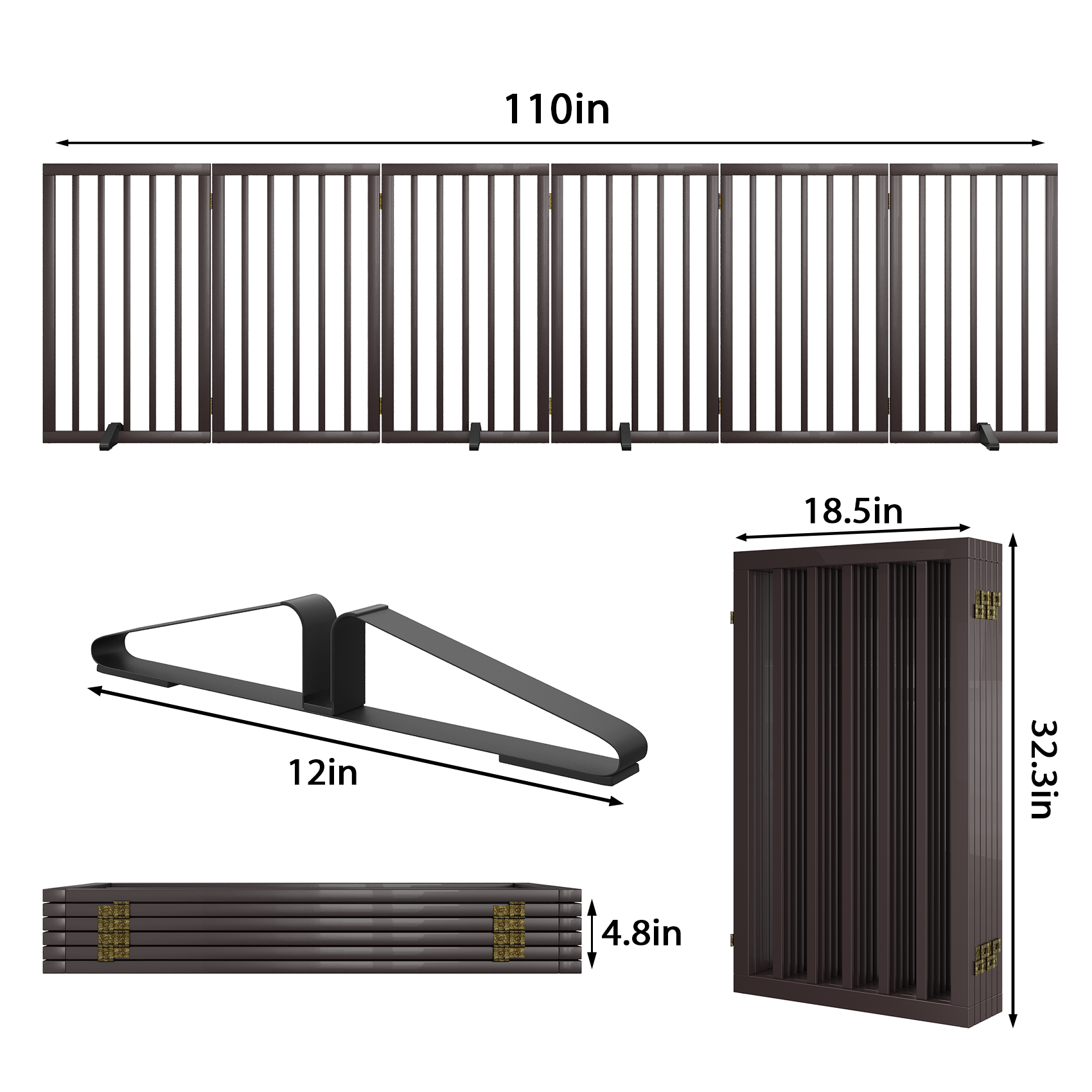 Smart FENDEE 6 Panel Foldable Bamboo Freestanding Pet Gate with Dog Gate, Expands to 110 in Wide