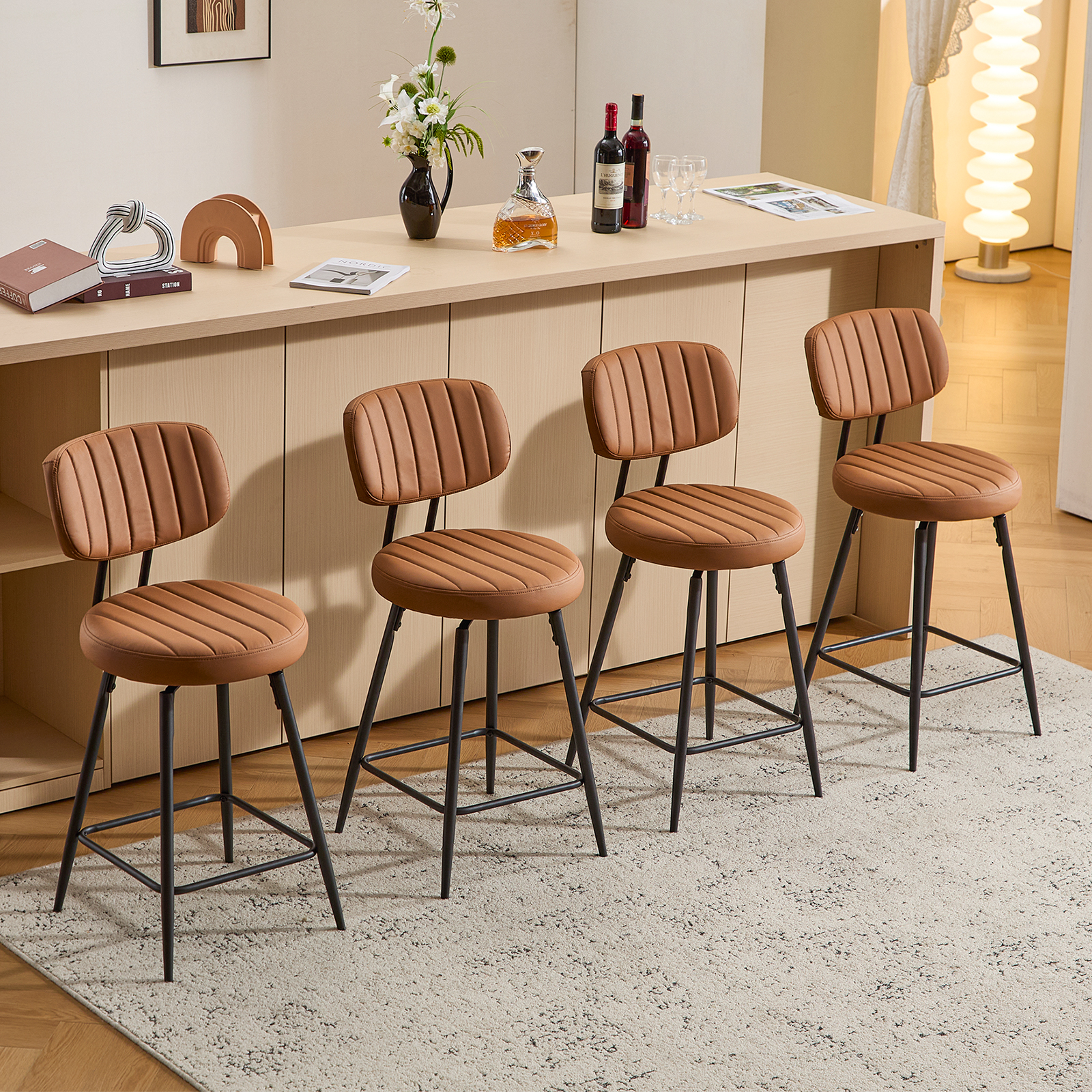 Furniliving 26" Modern Bar Stools Set of 2, Upholstered Swivel Counter Height Barstools with Back and Footrest, Adjustable Faux leather Barstool for Kitchen Island,Dining Room.Brown