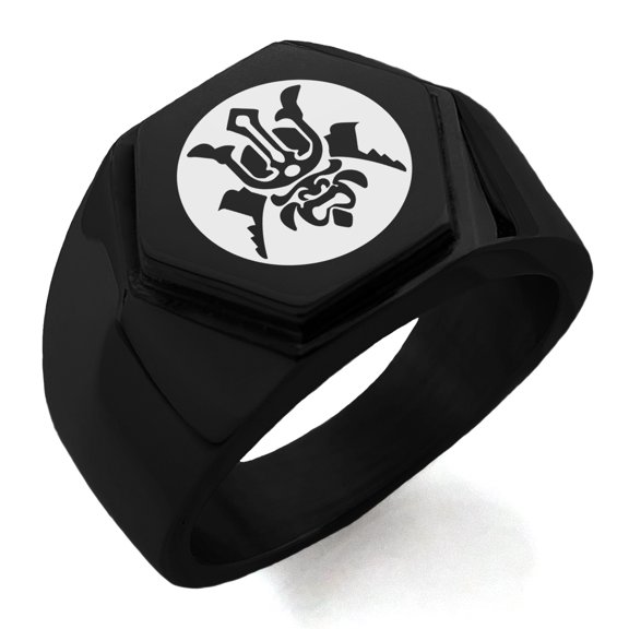 Stainless Steel Máscara Samurai Crest Engraved Hexagon Crest Flat Top Biker Style Polished Ring