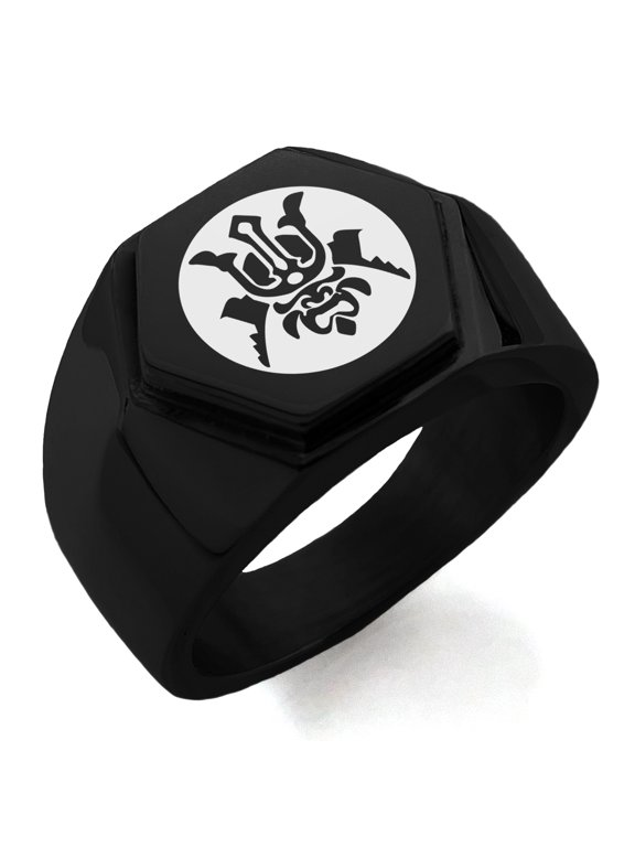 Stainless Steel Máscara Samurai Crest Engraved Hexagon Crest Flat Top Biker Style Polished Ring