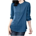 thumbnail image 6 of JGGSPWM Women's Round Neck Cotton Linen Loose Button Collar Shirt Top Long Sleeve Breathable Comfortable Shirt Top Blue XL, 6 of 9