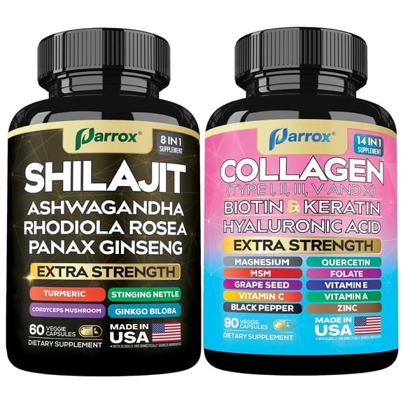 Parrox Adaptogen & Beauty Bundle – Rhodiola, Panax Ginseng, Ashwagandha, Cordyceps, Turmeric, Collagen, Biotin, Keratin, MSM, Hyaluronic Acid, Zinc, Quercetin, Vitamin C, A & E, Folate, Magnesium