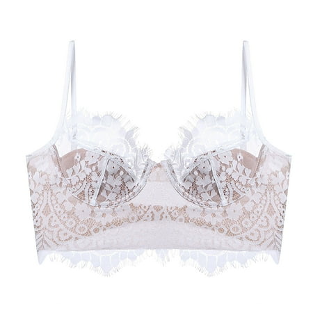 Tao Floral Eyelash Lace Bra For Women Padded Plunge Deep V Cami Tops Backless Bra Plus Size Everyday Bra T-Shirt Bra WhiteXL