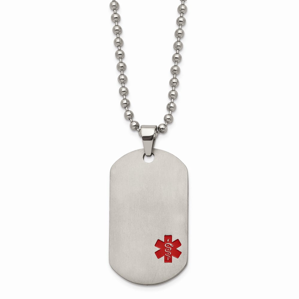 Titanium Brushed Red Enamel Medical ID Dog Tag 22in Necklace; 22 inch