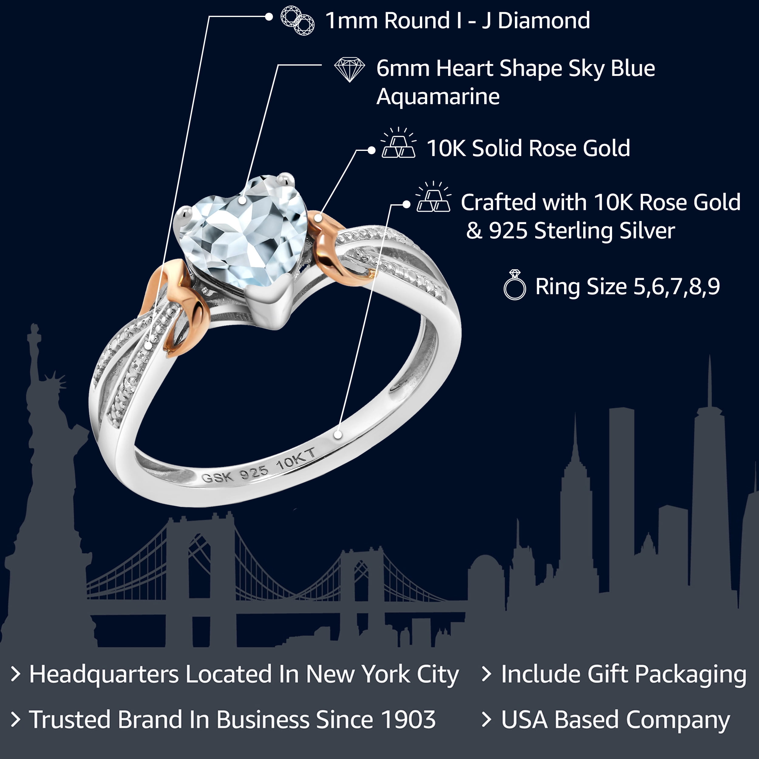 Gem Stone King 925 Sterling Silver and 10K Rose Gold Aquamarine and Accent Diamond Ring for Women (0.68 Cttw, Heart Shape 6MM, Gemstone Birthstone, Available in Size 5, 6, 7, 8, 9)