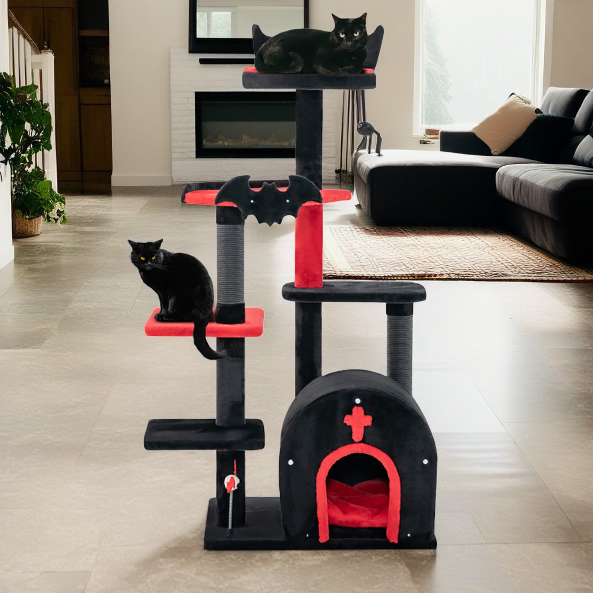 Kadyn 53" Gothic Cat Tree Tower for Indoor Cats, Multi-Level Cat Tree House with Arch-Shaped Condo and Scratching Posts, Black