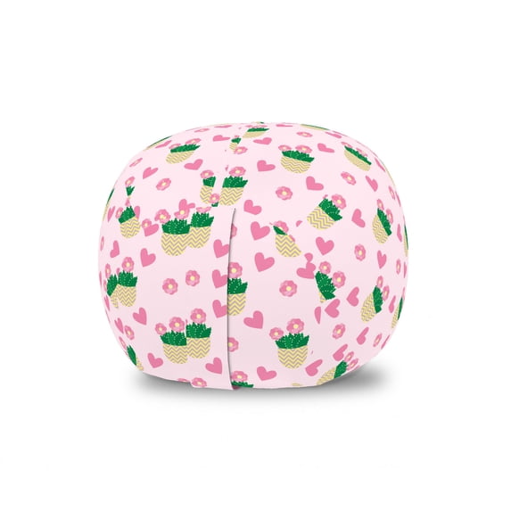 Cactus Spring Flower Storage Toy Bag Chair, Romantic Composition of Doodle Style Hearts and Plants in Pots, Stuffed Animal Organizer Washable Bag, Small Size, Pink Green Rose, by Ambesonne