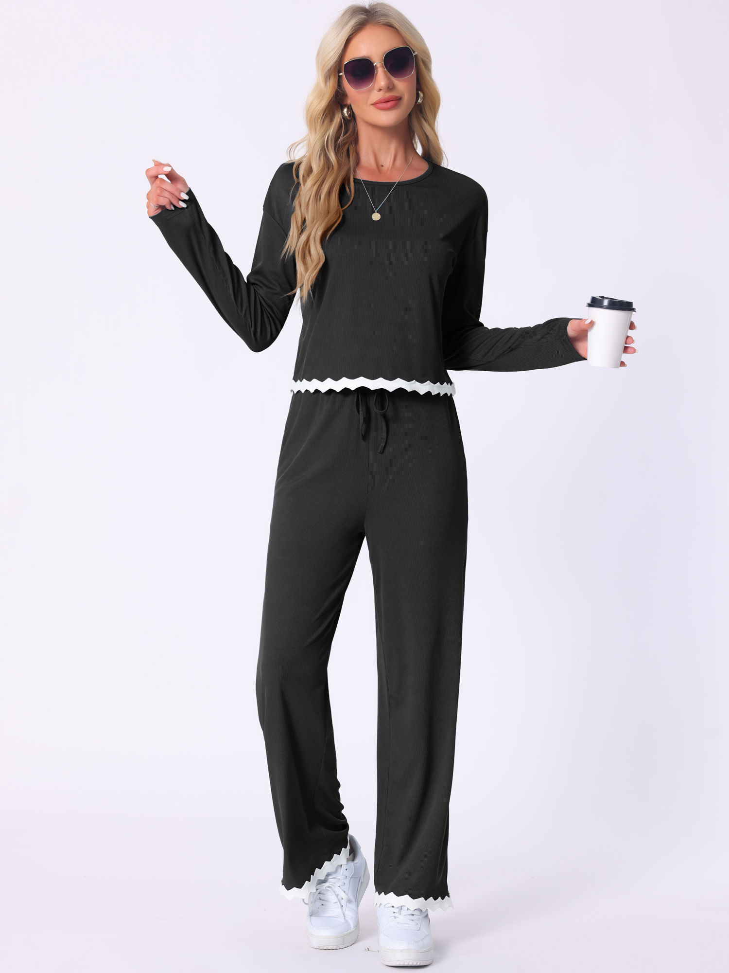 DARING DIVA Long Sleeve Crewneck Lounge Sets Contrast Color Trims M Black