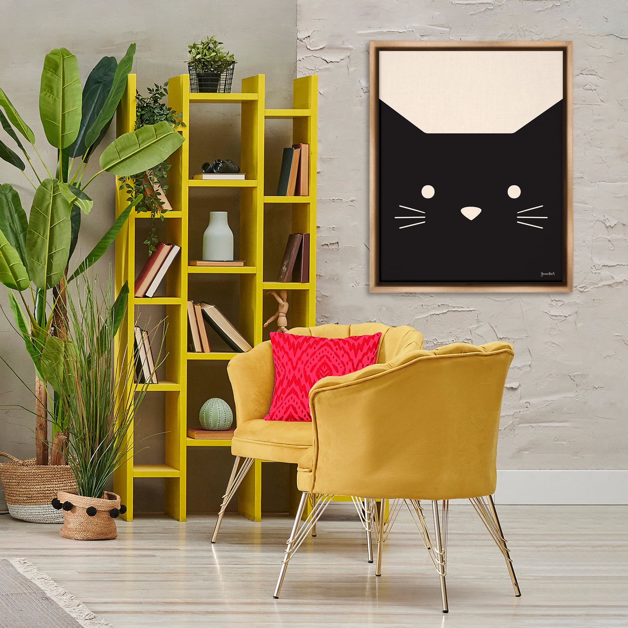 Stupell Industries Black Cat Close Up Animals Painting Brown Floater Framed Canvas Art Print Wall Art, 25 x 31