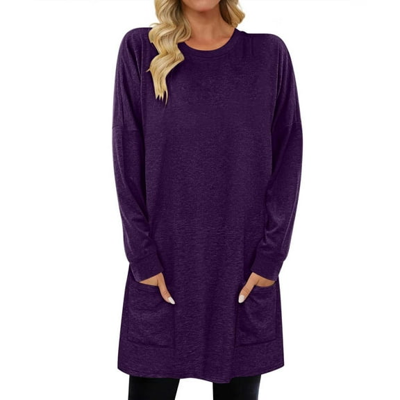 MaFYtyTPR Long Sleeve Tops for Women Women's Casual Crewneck Solid Color Comfortable Pullover Tops with Pockets Purple XXXL