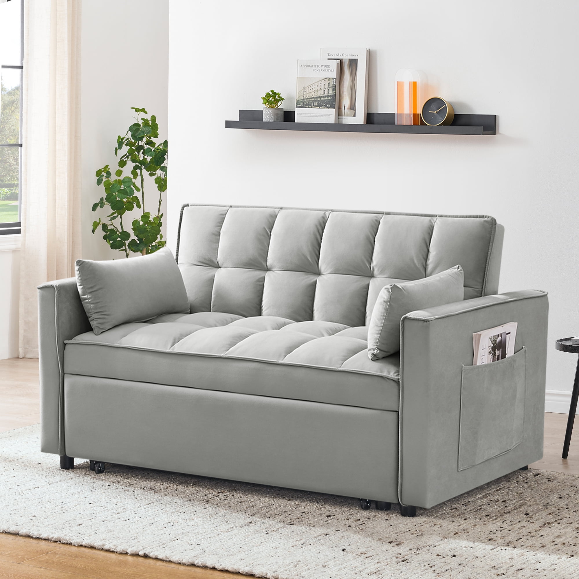 Leumius Convertible Sofa Bed,3-in-1 Sleeper Sofa with Pull Out Bed,Sleeper Futon Couch Loveseat with Adjsutable Backrest and Pillows for Living Room,Gray