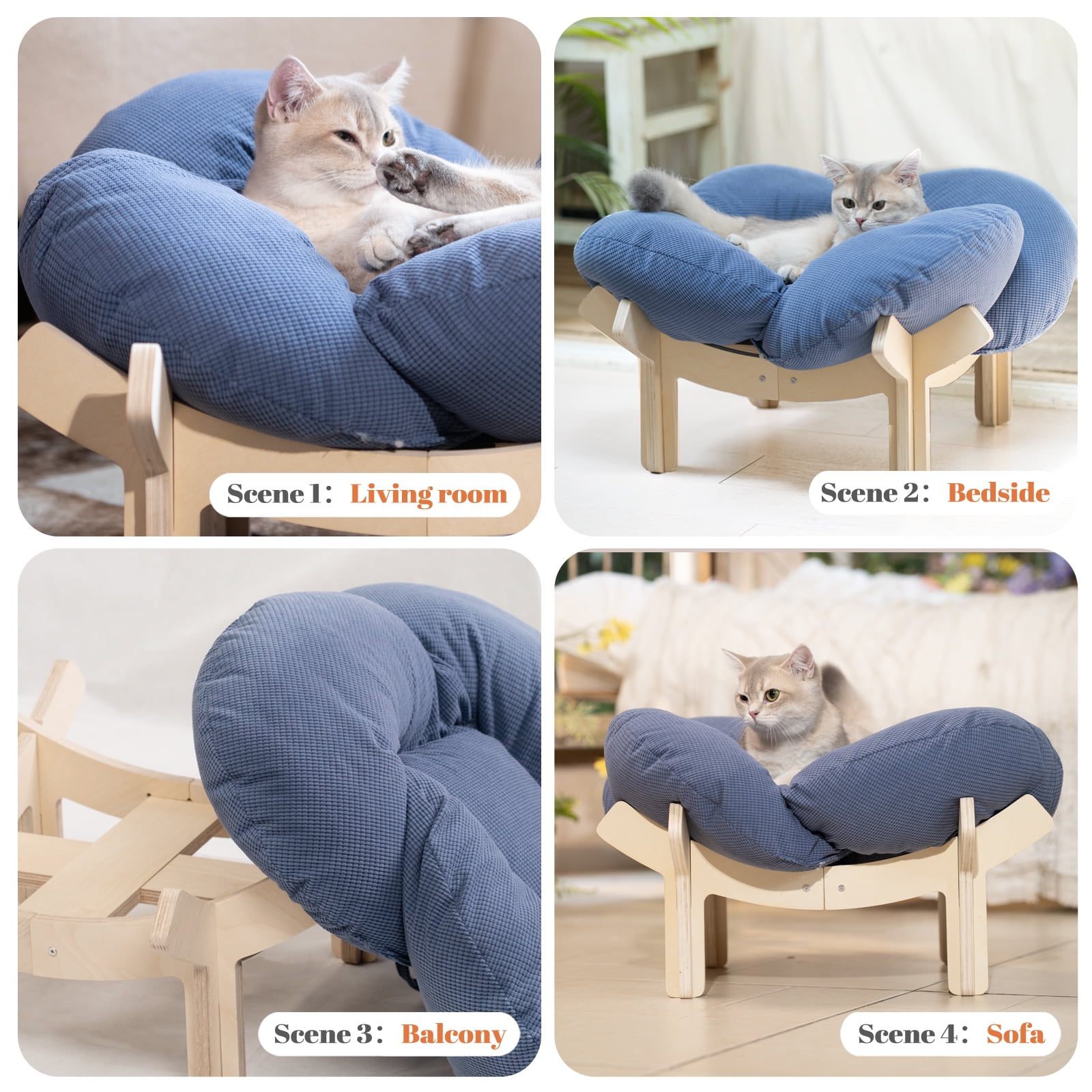 CheerPals Elevated Cat Bed Wooden with Cushion Fluffy Pet Couch Sofa for Indoor Cats Raised Kitty Lounge Chair Suitable for Puppy, Cat Furniture(Dark Blue)