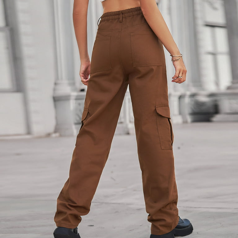 JWZUY Women High Waisted Cargo Pants Wide Leg Straight Casual Pants 6  Pockets Combat Military Trousers Brown L