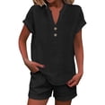 thumbnail image 2 of Linen Sets for Women 2 Piece 2026 Summer Plus Size Short Sleeve Shirts Shorts Matching Set Casual Cute Beach Vacation Outfits,Black XXL, 2 of 6