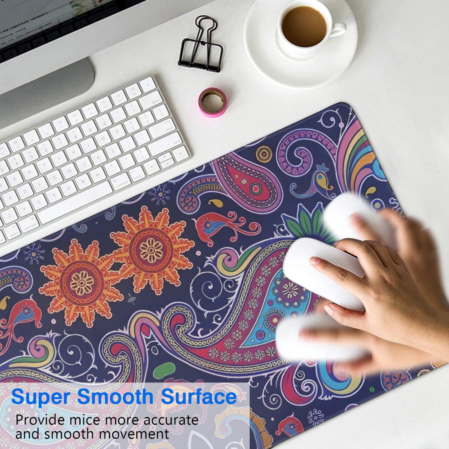 Long Mouse Pads for Desk,Multicolor Ethnic Paisley Pattern Desk Mats on Top Of Desks, Desk Mouse Pad Extra Large with 3mm Non-Slip Base and Stitched Edge for Gaming,Office,Work,Home 31.5"x15.7"