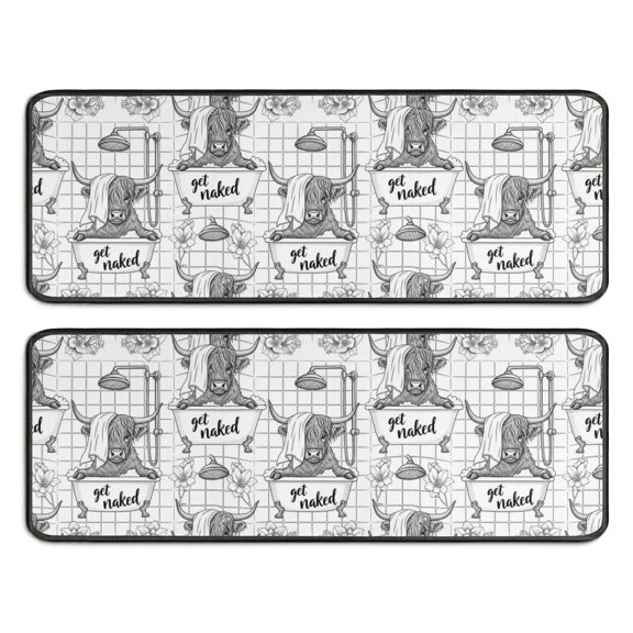 Kitchen Rugs Sets Of 2,White Highland Cow Bathtub Flower Pattern Anti Fatigue Kitchen Mat Rugs Non Slip Washable,Decorative Kitchen Floor Mats for Kitchen,Sink,Laundry,17"x47" 17"x47"