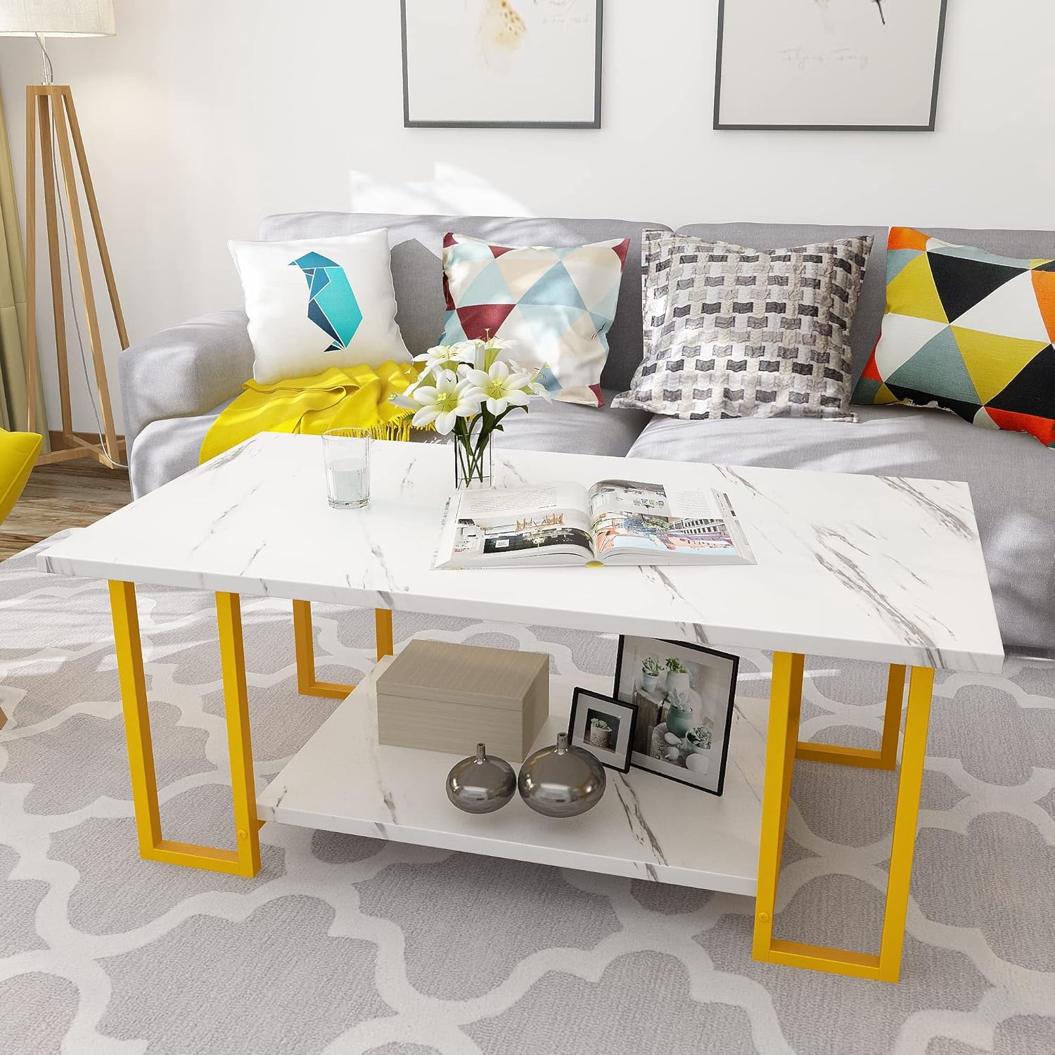 LinkRomat Modern Coffee Table, 40" Faux Marble Top Rectangular Coffee Table with Gold Metal Frame, 2 Tier Living Room Table for Living Room, Office, Balcony, White and Gold