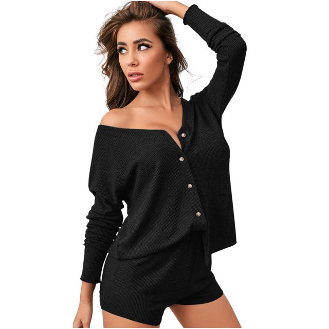 Inicio Conjuntos de ocio para mujer Conjunto de pijama de punto con botones sólidos de 2 piezas Conjunto de pantalones cortos de cintura alta Pompotops qwe23306