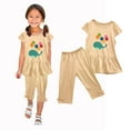 thumbnail image 5 of Odeerbi Toddler Girls 2 Piece Outfits Ruffle Tops Capris Set Summer Clothes Floral Print Round Neck Short Sleeve Flying Sleeves Top Elastic Waist Cropped Pants Two-piece Set Khaki, 5 of 5