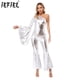 thumbnail image 2 of Mono de baile metálico brillante con parte inferior de campana para mujer, mono de manga acampanada con un hombro, uniforme de porristas, ropa de fiesta temática para discoteca, 2 of 5