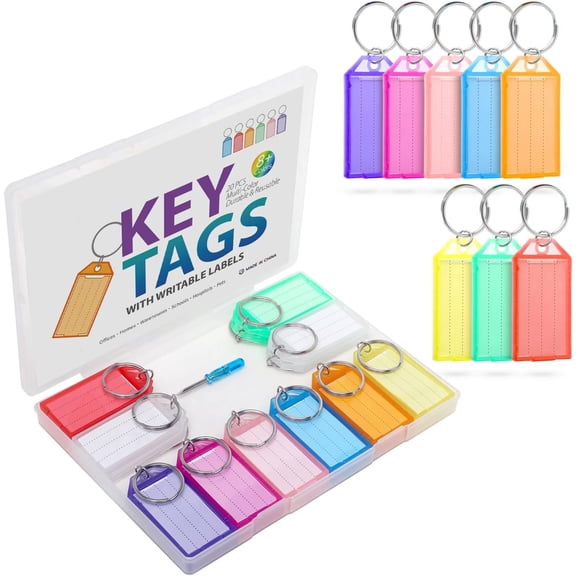 Plastic Key Tags with Labels and Rings, 9 Colors Key Identifiers, Keychain Tags for Keys, Luggage, Backpacks, Pets, Office, Warehouse & Home