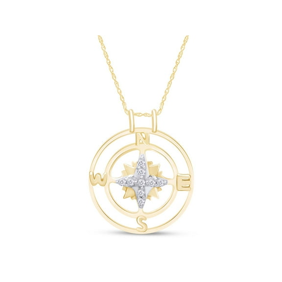 AFFY 10k Solid Yellow Gold White Natural Diamond Compass Pendant Necklace (0.10 Cttw)