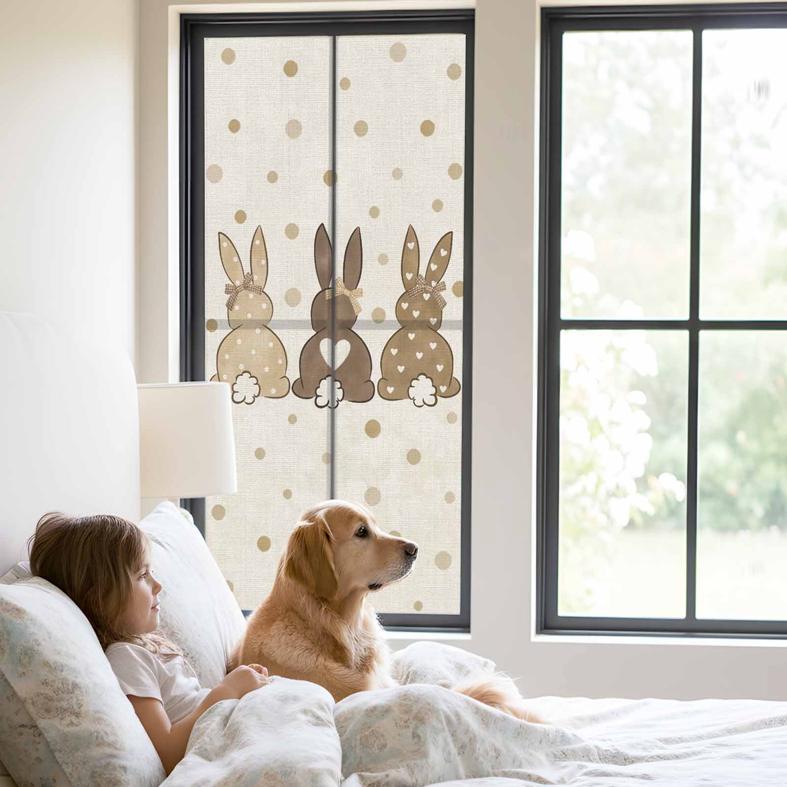Easter Window Privacy Film, Polka Dot Bunny Frosted Glass Window Clings Static Cling UV Heat Blocking Reusable Door Sticker for Bathroom 23.6 x 59 Inch