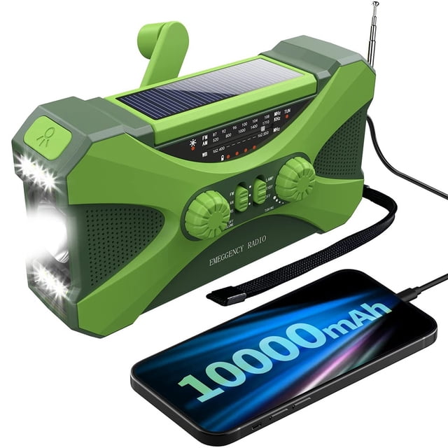 Radio de Emergencia de 10000MAh, Radio de Manivela Solar, Radio PortáTil con Cargador de TeléFono, Linterna LED Verde