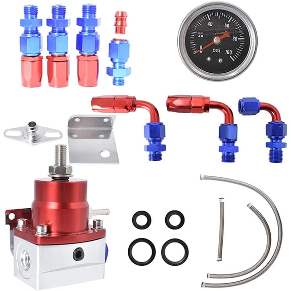 Genrics Universal Adjustable Fuel Pressure Regulator Kit Aluminum with 100 Psi Pressure Gauge AN6-6AN Fuel Line Hose Fitting Connectors Kit Red and Blue