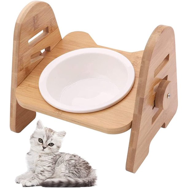 Cuencos de cerámica con soporte de bambú, cuencos para perros y gatos, cuenco elevado para mascotas, cuenco de alimentación para perros y gatos, cuenco antideslizante para gatos, niveles ajustables, 1 Uds. ER