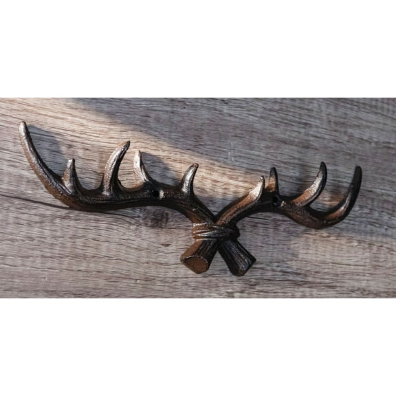 Cast Iron Rustic 10 Point Stag Deer Antlers Rack Wall Plaque 11"L Hanging Hooks