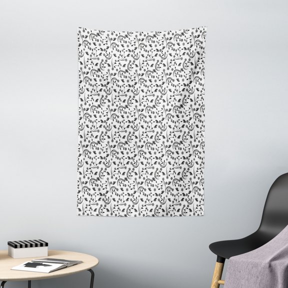 Wildflower Tapestry, Greyscale Pattern with Curlicue Botanical Elements and Butterflies, Wall Hanging for Bedroom Living Room Dorm Decor, 40W X 60L Inches, Dark Grey and White, by Ambesonne