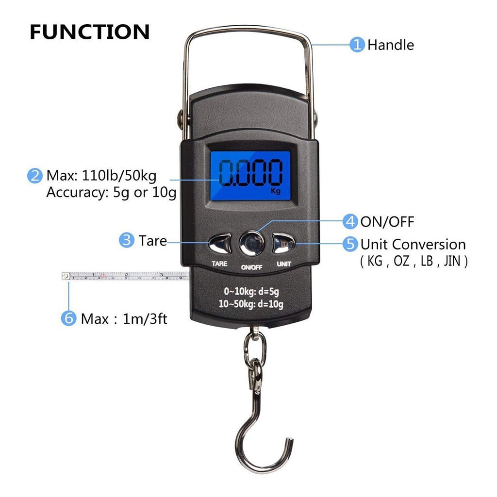 Balance électronique De Pêche Portable 75 Kg - Précision 10 G, écran LED, Avec Ruban à Mesurer, Bouton Tare, Piles AAA - 7