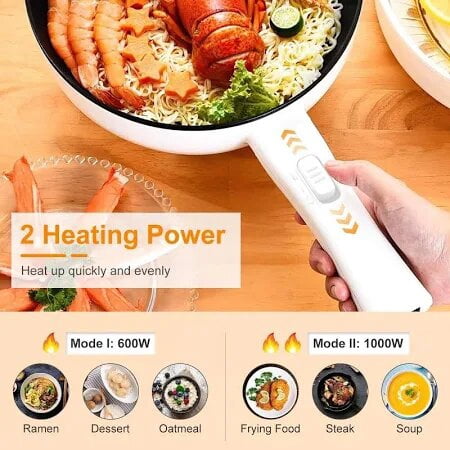 iMountek Electric Hot Pot Non-Stick Frying Pan Portable Rapid Noodles Cooker with Long Handle Steamer Spatula Dual Power Control Overheat Dry-Boil Protection
