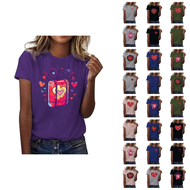 T-shirts de la Saint-Valentin pour Femmes 2026 Mode Manches Courtes Col Rond Cœur Graphique