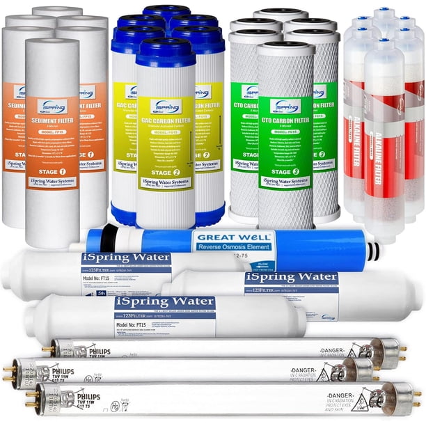 iSpring F31KU75 Reemplazo para Filtros de Agua de Sistemas RO Alcalinos UV de 7 Etapas 75GPD, Juego de 31 Piezas, Blanco