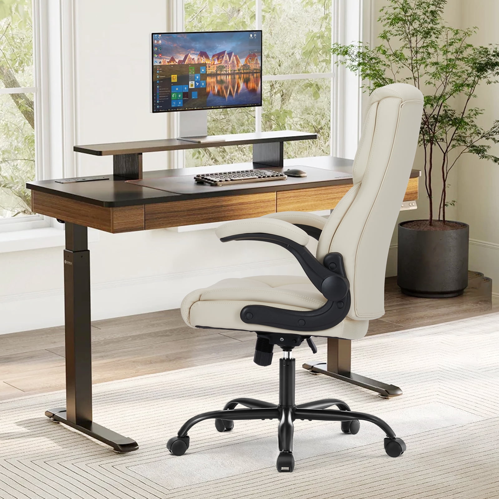 CONCETTA High-Back PU Leather Ergonomic Desk Chair – Adjustable Lumbar Support, Padded Seat, Swivel & Rolling Base,White
