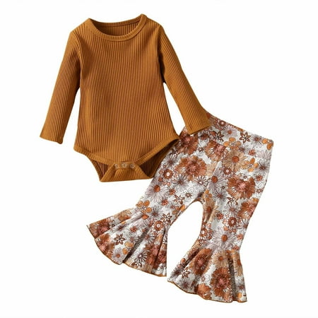 

TDuzdltu Infant Toddler Baby Girls Solid Color Strip Long-sleeved Romper Print Flared Pants Trousers Two-piece Set GIft on Clearance