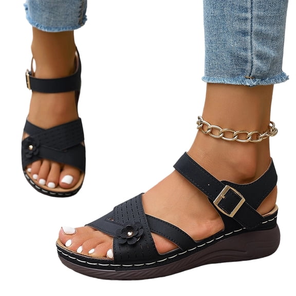 Domzle Orthopedic Sandals for Women, 2026 Open Toe Ankle Strap Casual Shoes, Summer Dressy Strappy Wedge with Arch Support, Wide Width Platform Sandals, Comfortable Walking Beach Flat Sandals Black