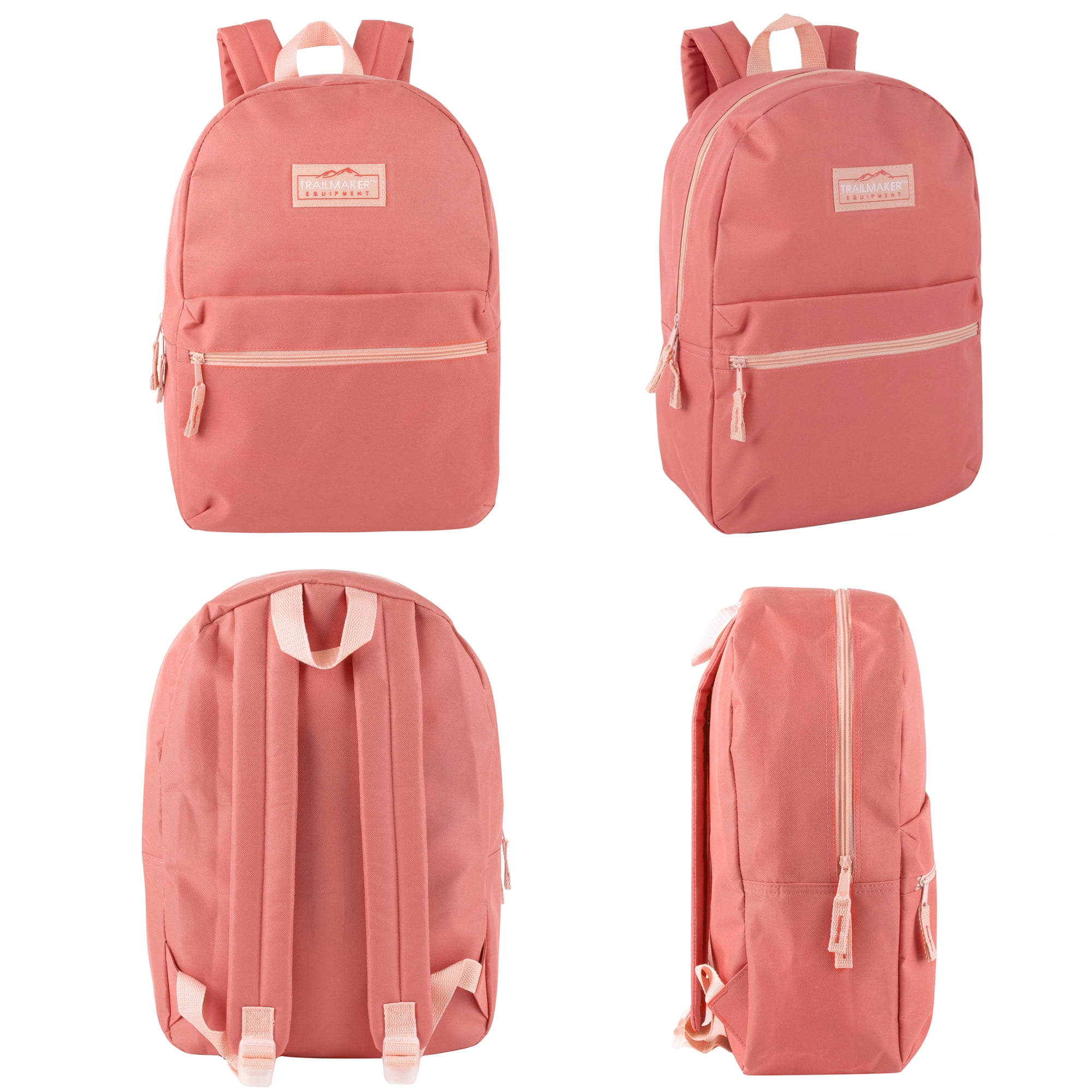 Classic Solid Color 17 Inch Backpack with Front Zipper Accessory Pocket, Dual Zipper Closure & Padded Shoulder Straps for Work, Office, Gym, Sports, Travel, Commute & Recreation in Coral