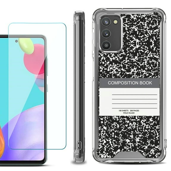 Shockproof Bumper Phone Case for Samsung Galaxy A02s, with Tempered Glass Screen Protector, by OneToughShield ® - Composition Book