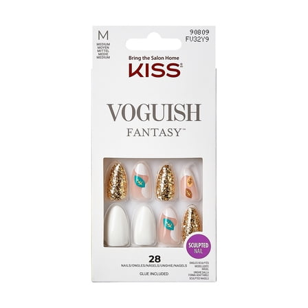 KISS Voguish Fantasy, Press On Nails, Foliage, White, Medium Almond, 28 Count