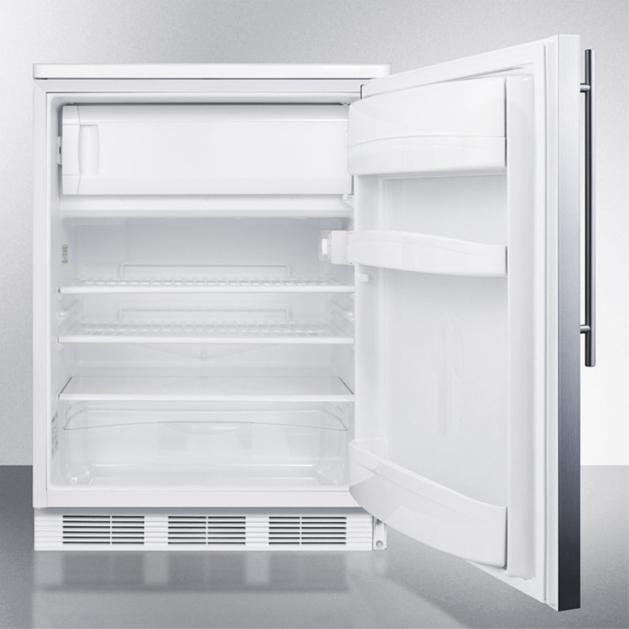 Built-in undercounter refrigerator-freezer for general purpose use, with dual evaporator cooling, cycle defrost, SS door, thin handle and white cabinet