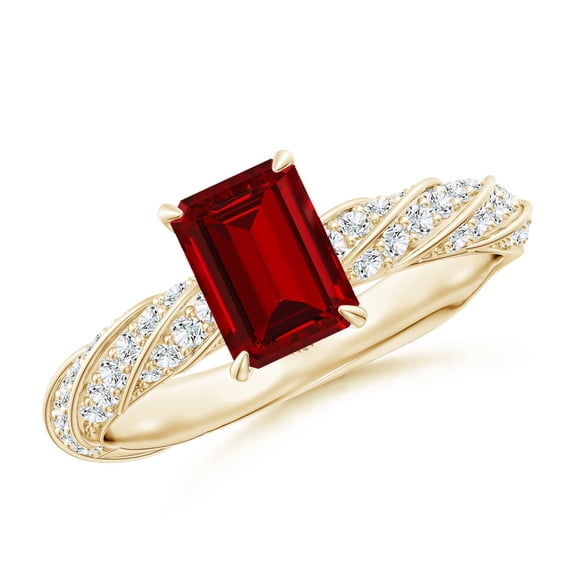 ANGARA Emerald-Cut Lab Grown 1 Ct Ruby Twisted Rope Shank Engagement Ring for Women in 14K Yellow Gold (Size-7x5mm) | July Birthstone, Anniversary, Jewelry Gift for Women | Lab-Grown Ruby Ring